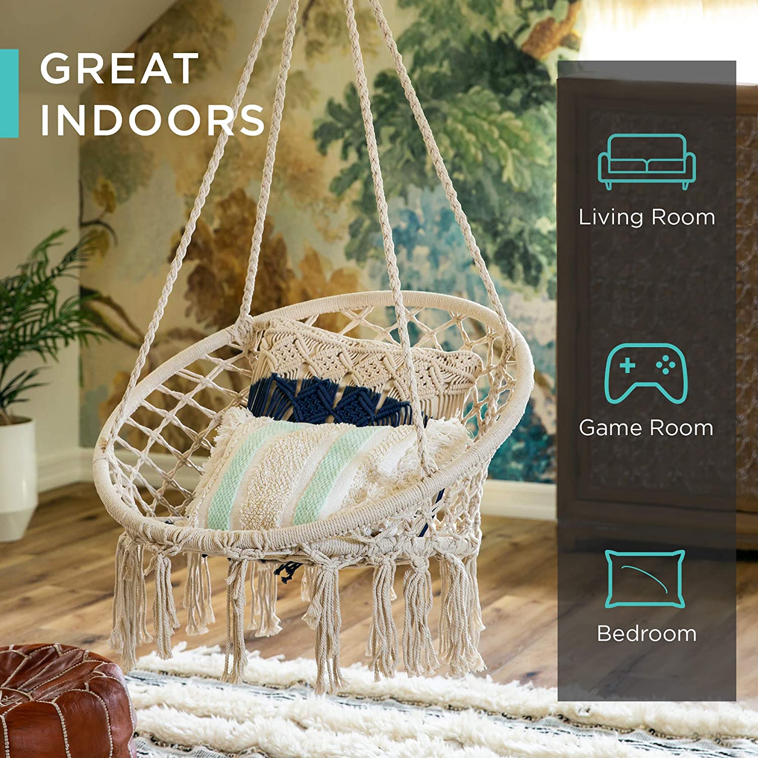 Indoor/Outdoor Round Hammock Chair With Tassels Halvs-Market